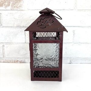 Rustic Brown Lantern with Leaf Design Glass Pannels